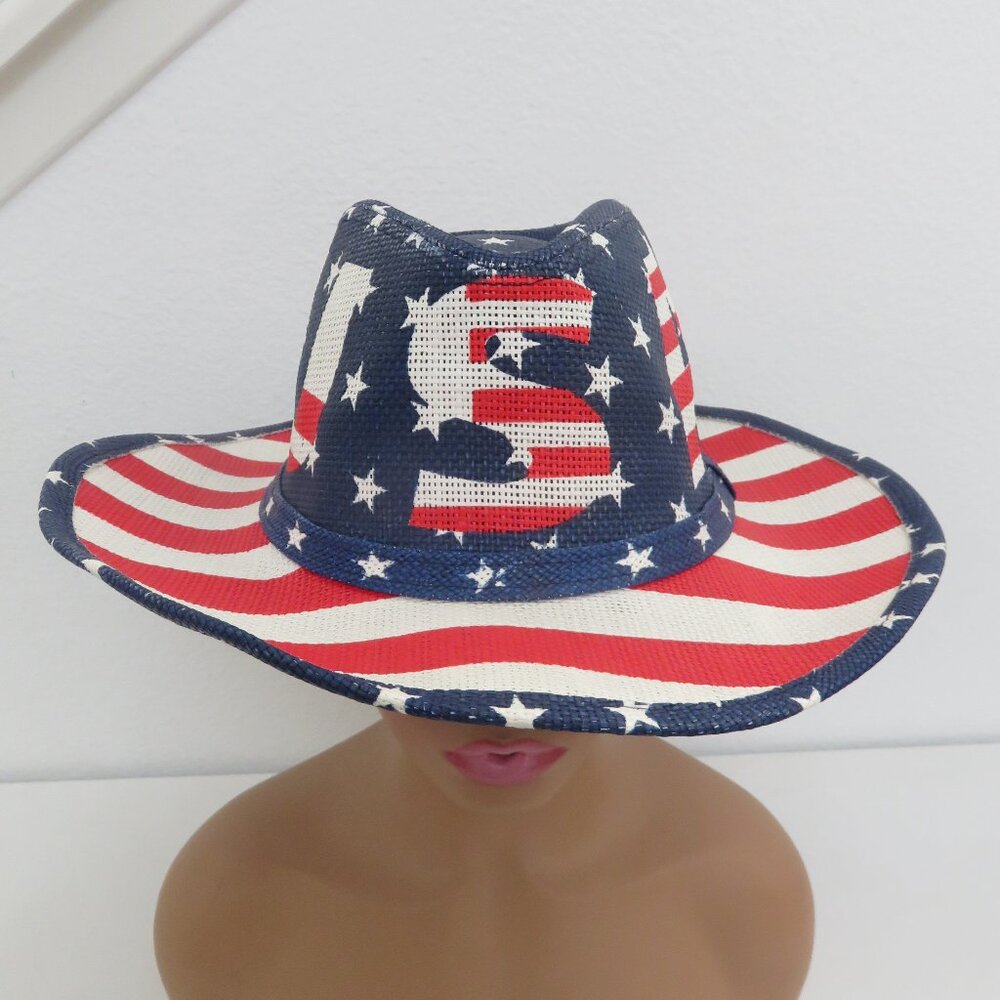 American Flag USA Cowboy Hat Red White Blue Straw Unisex Cowboy Western